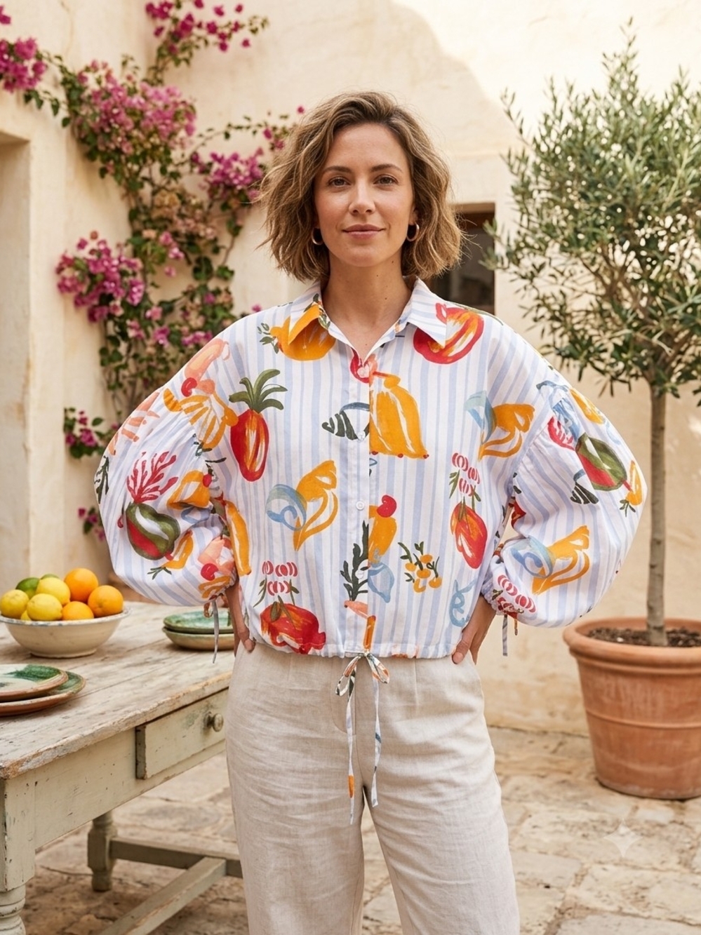 Marc New York White Striped Button-Down Top with Multicolor Fruit Print